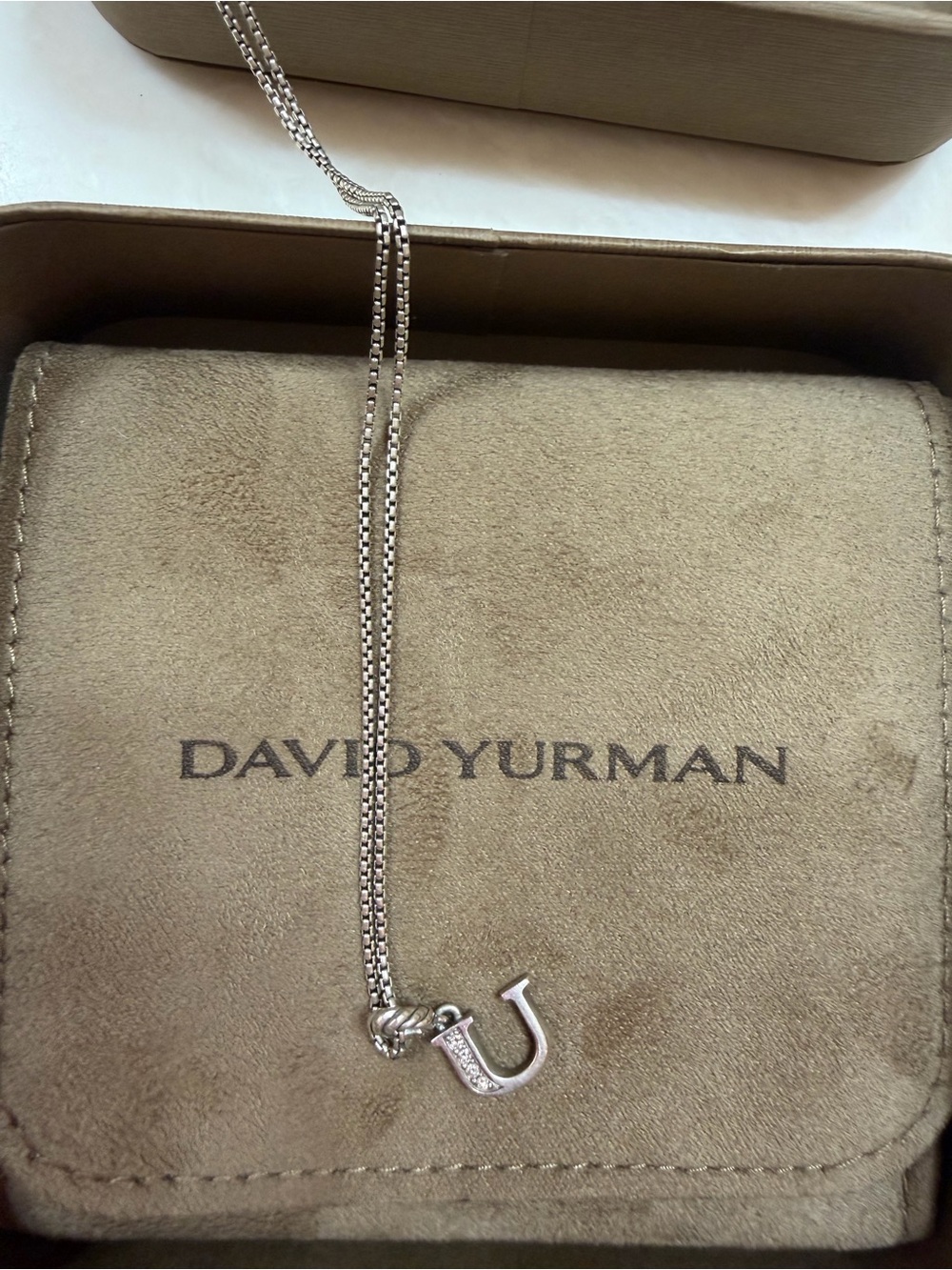 David Yurman Silver 'U' Charm Necklace with Pavé Accents